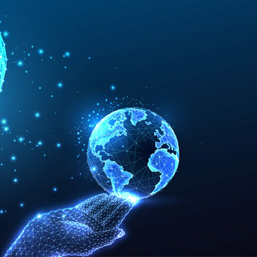 AI safeguarding Earth future. Futuristic guardianship. Global connectivity symbolized by AI face holding Earth concept in glowing polygonal style on dark blue background. Abstract vector illustration
